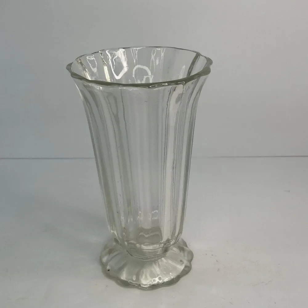 Vintage 1940s Clear Pressed Glass Paneled Vase Scalloped Rim Footed 8